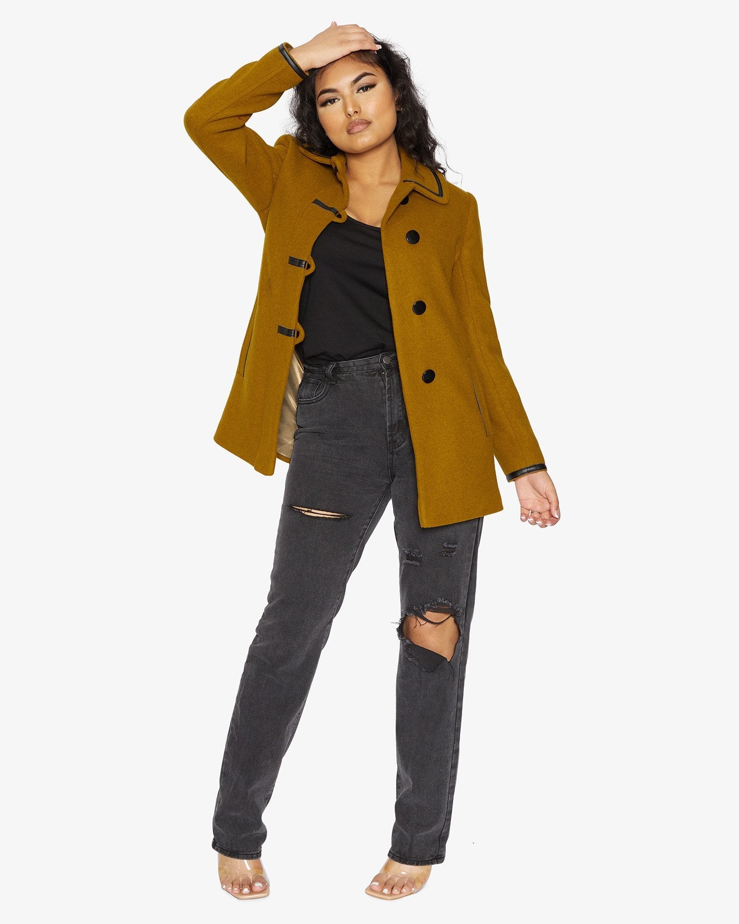 Rose Eleusis wool blend contrast trim coat with tailored design, featuring a stylish collar and contrasting accents.
