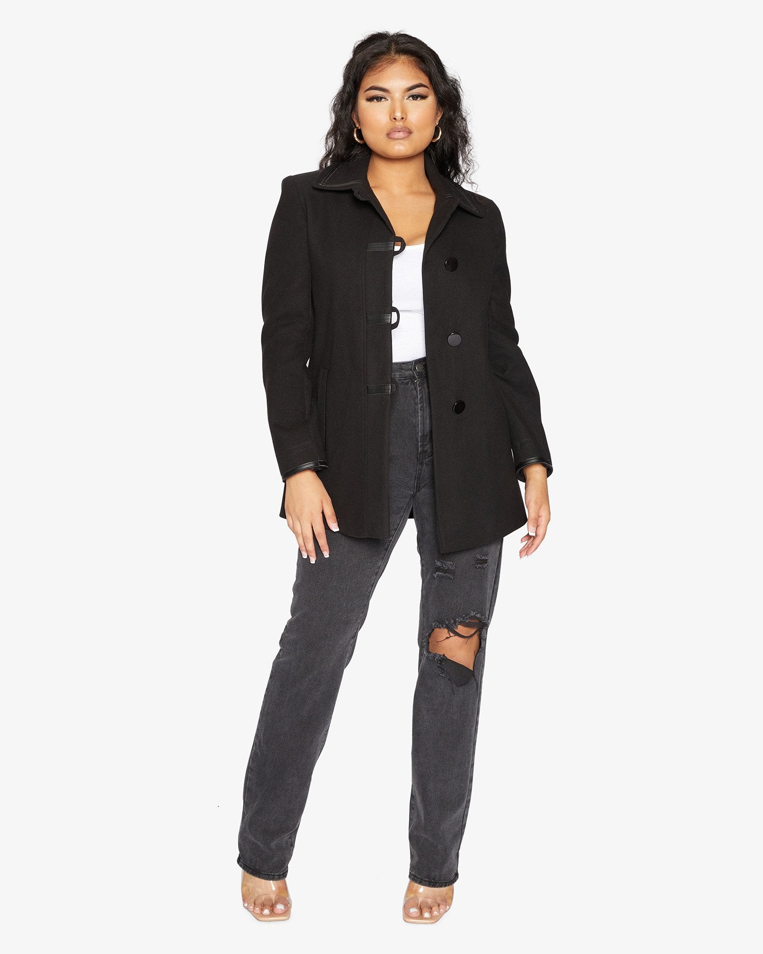 Rose Eleusis Wool Blend Contrast Trim Coat from 1920s, stylish jacket with contrasting trim and tailored fit.