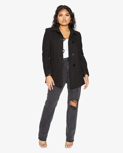Rose Eleusis Wool Blend Contrast Trim Coat from 1920s, stylish jacket with contrasting trim and tailored fit.