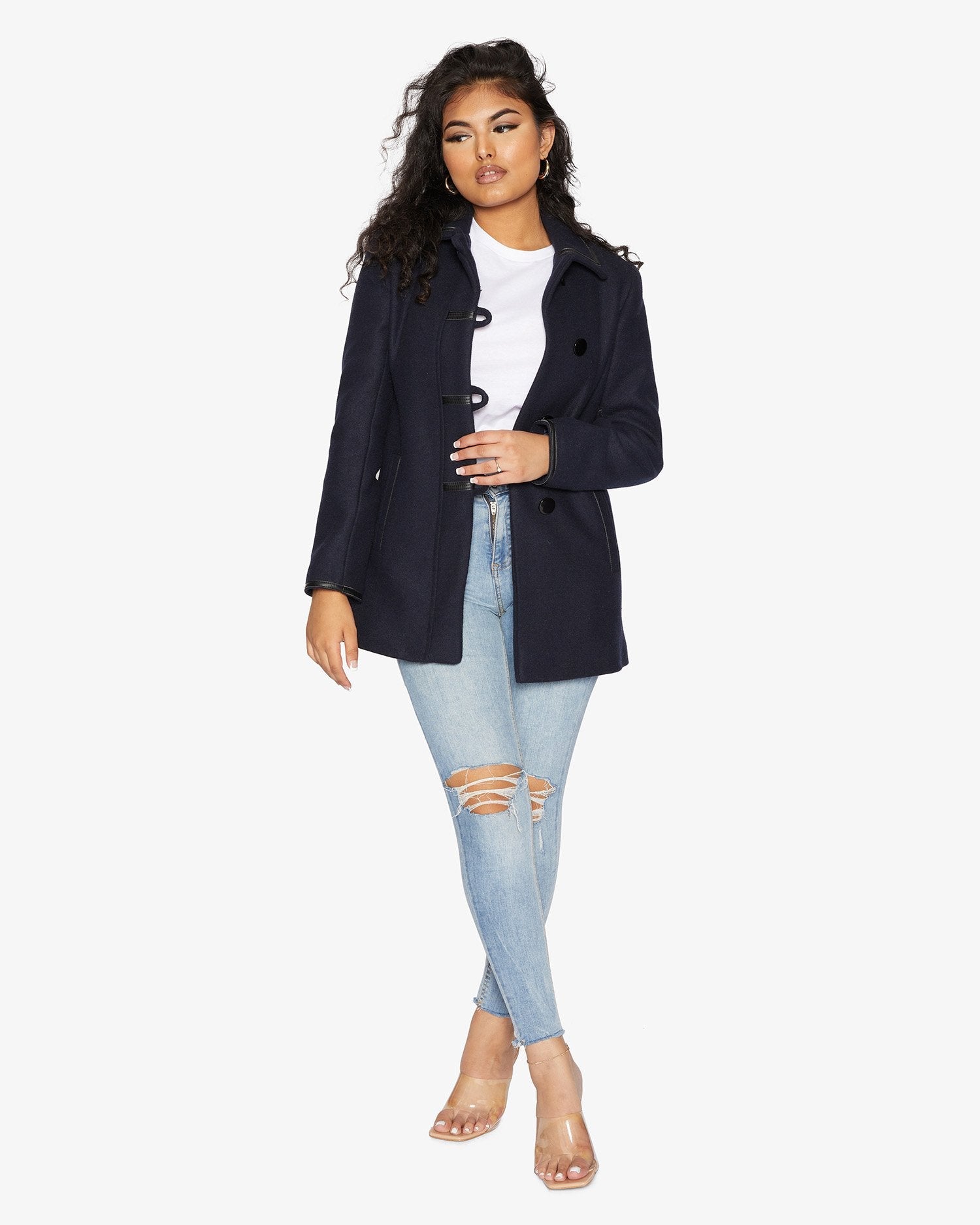 Rose Eleusis Wool Blend Contrast Trim Coat from 1920, shown in a stylish jacket with contrasting trim details.