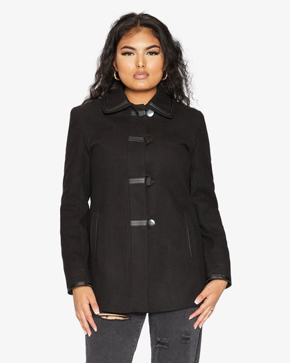 Rose Eleusis wool blend contrast trim coat from 1920s, stylish jacket with distinctive trim detail and vintage-inspired design.