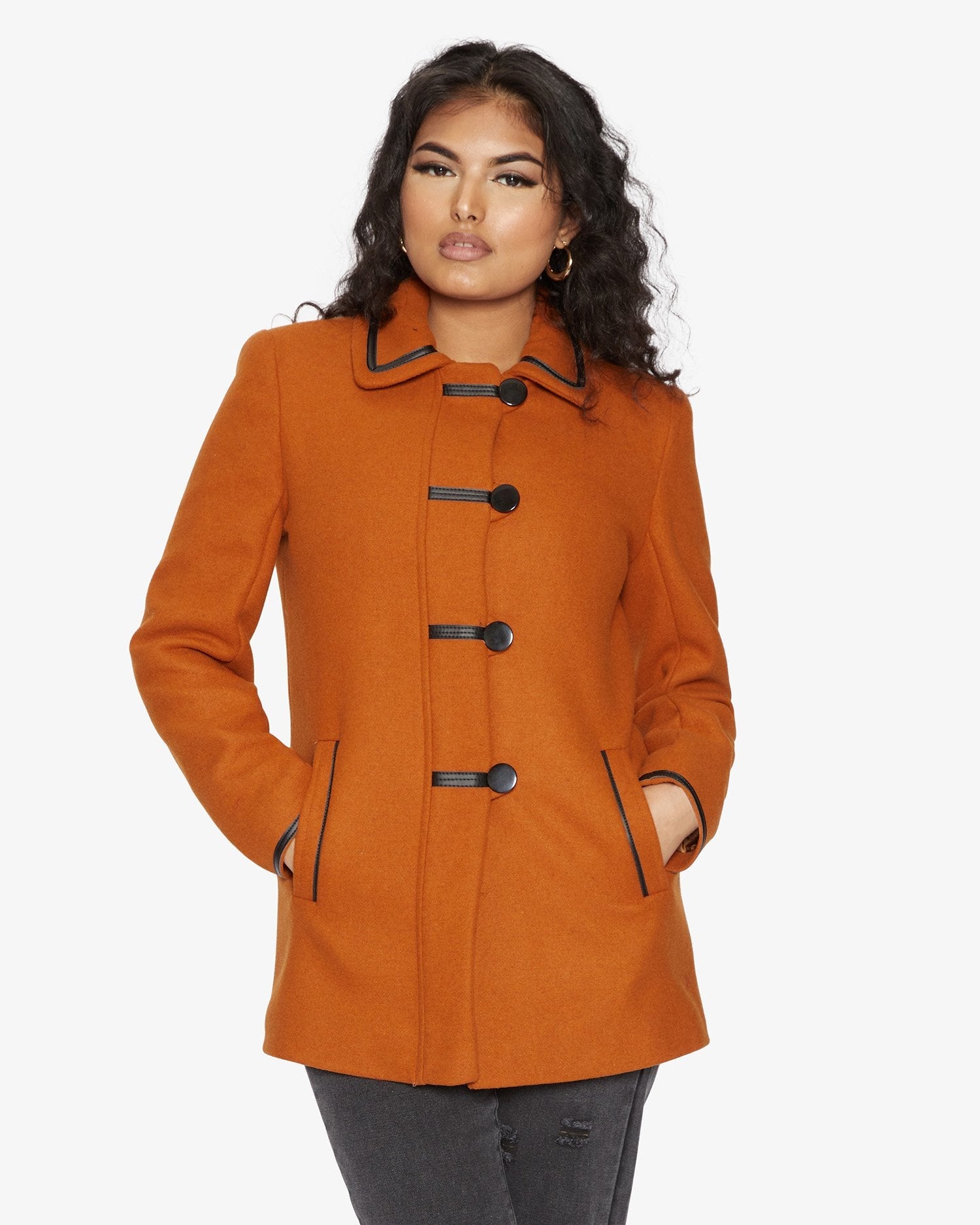 Rose Eleusis wool blend contrast trim coat, vintage 1920s style jacket with tailored fit and classic design.