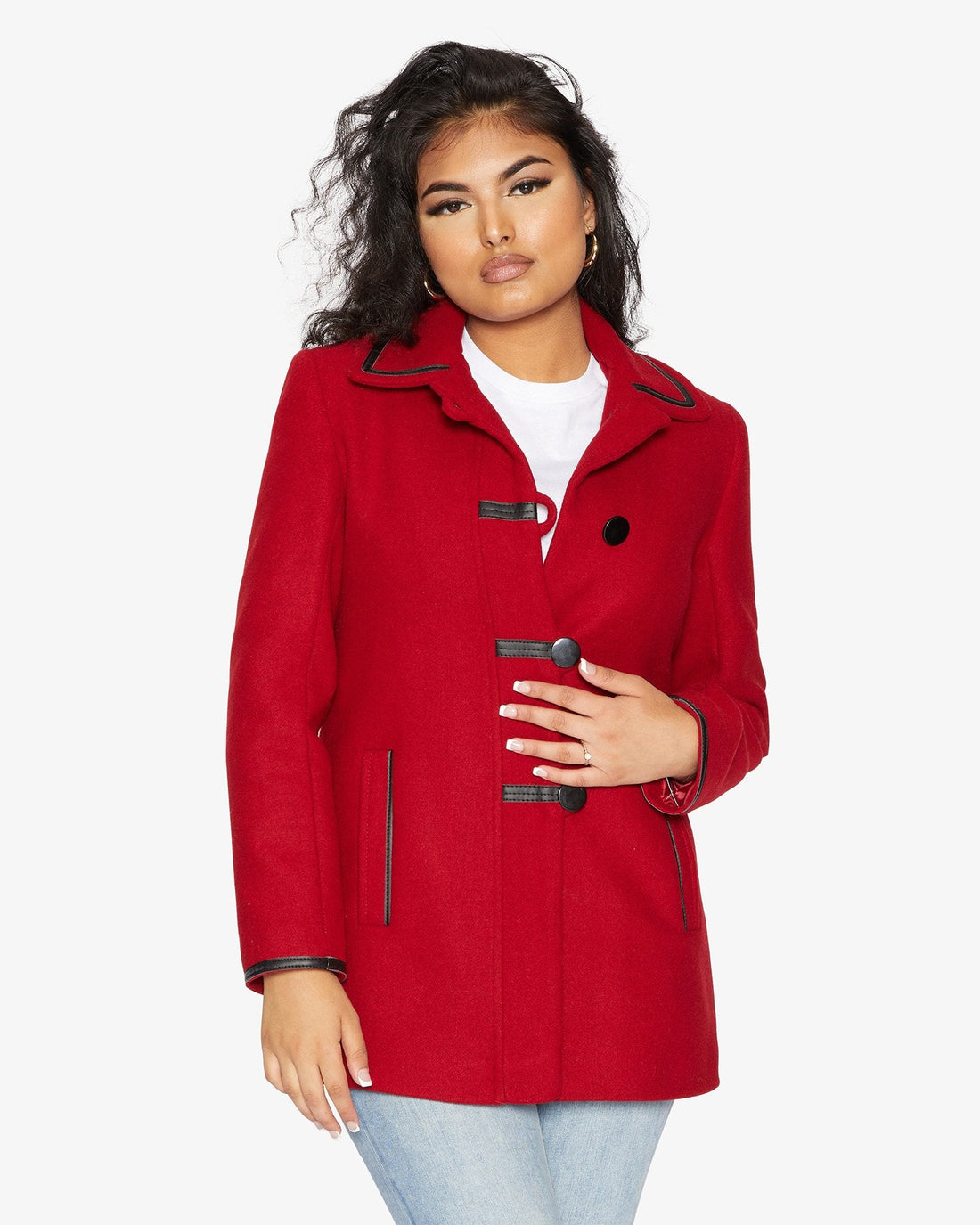 Rose Eleusis wool blend contrast trim coat, vintage 1920s style jacket with tailored fit and stylish trim details.