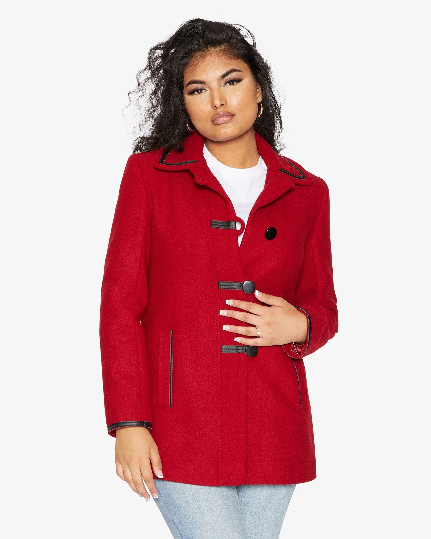 Rose Eleusis wool blend contrast trim coat, vintage 1920s style jacket with tailored fit and stylish trim details.