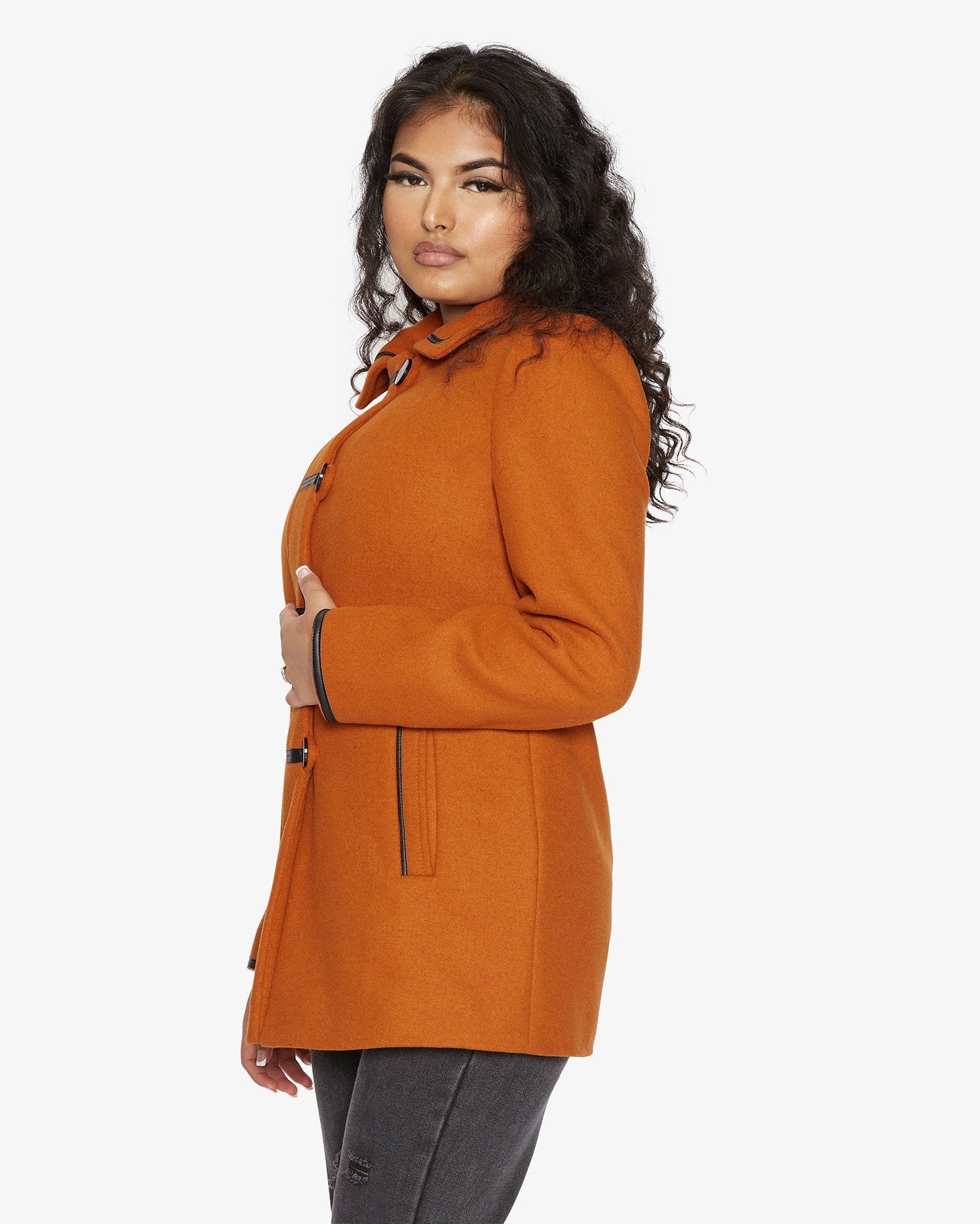 Rose Eleusis wool blend contrast trim coat, stylish 1920s jacket with elegant detailing and classic design.