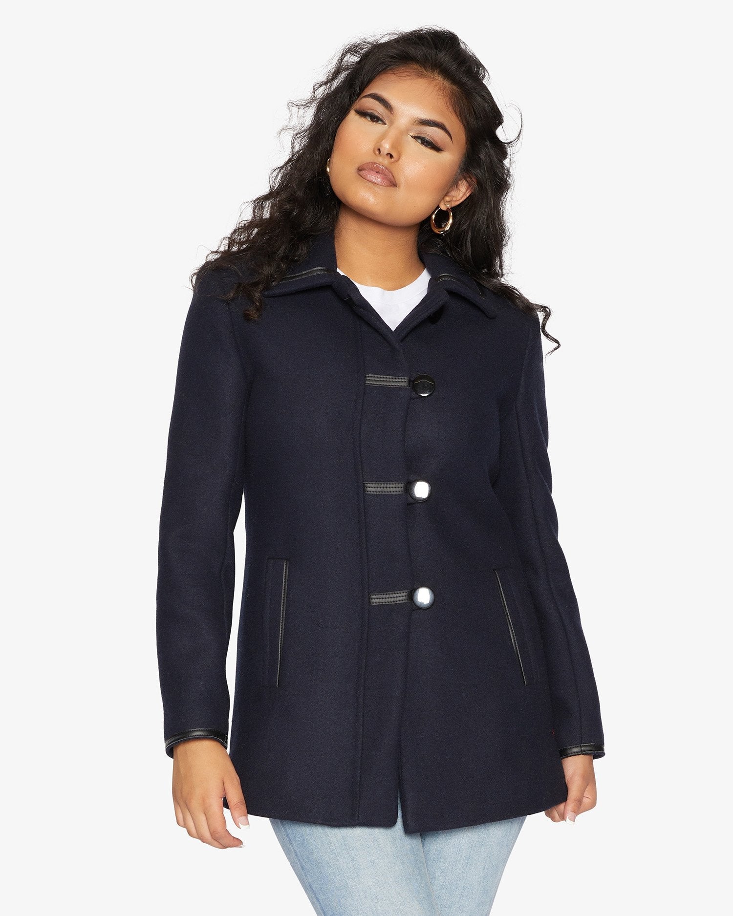 Rose Eleusis wool blend coat with contrast trim, vintage 1920s style, featuring tailored jacket design and classic detailing.