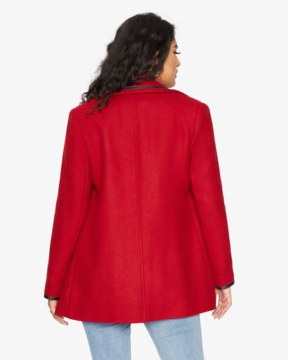 Rose Eleusis wool blend contrast trim coat from 1920s, stylish jacket with distinctive color-blocked design and tailored fit.