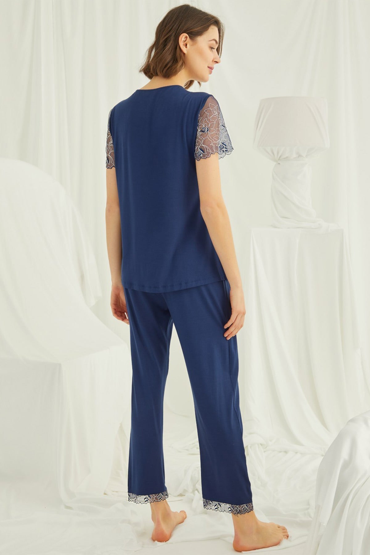 Navy blue lace maternity and nursing pajamas by Burgundy Artemis, featuring comfortable lingerie and underwear design.
