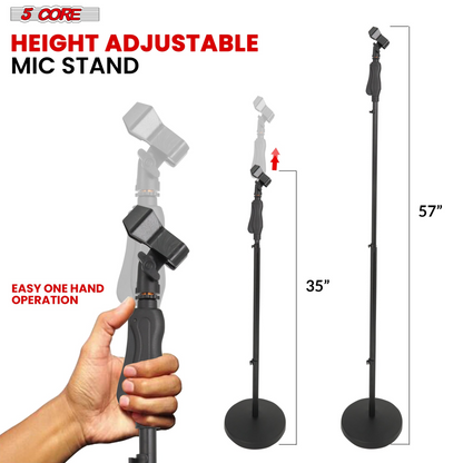 Start2Finish 5-core microphone stand with adjustable height from 35 to 57 inches, round base, locking knob, and 5/8 inch thread adapter.