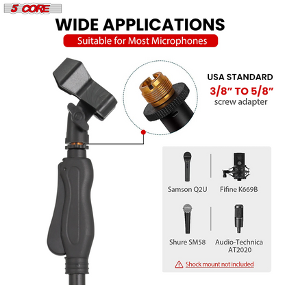 Start2Finish 5-core adjustable microphone stand with round base, quick lock, 5/8 thread adapter, height 35-57 inches, for musical instruments.
