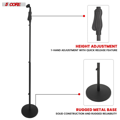 Start2Finish 5-core microphone stand with adjustable height, round base, lock-tight knob, and 5/8 inch thread adapter for musical instruments.