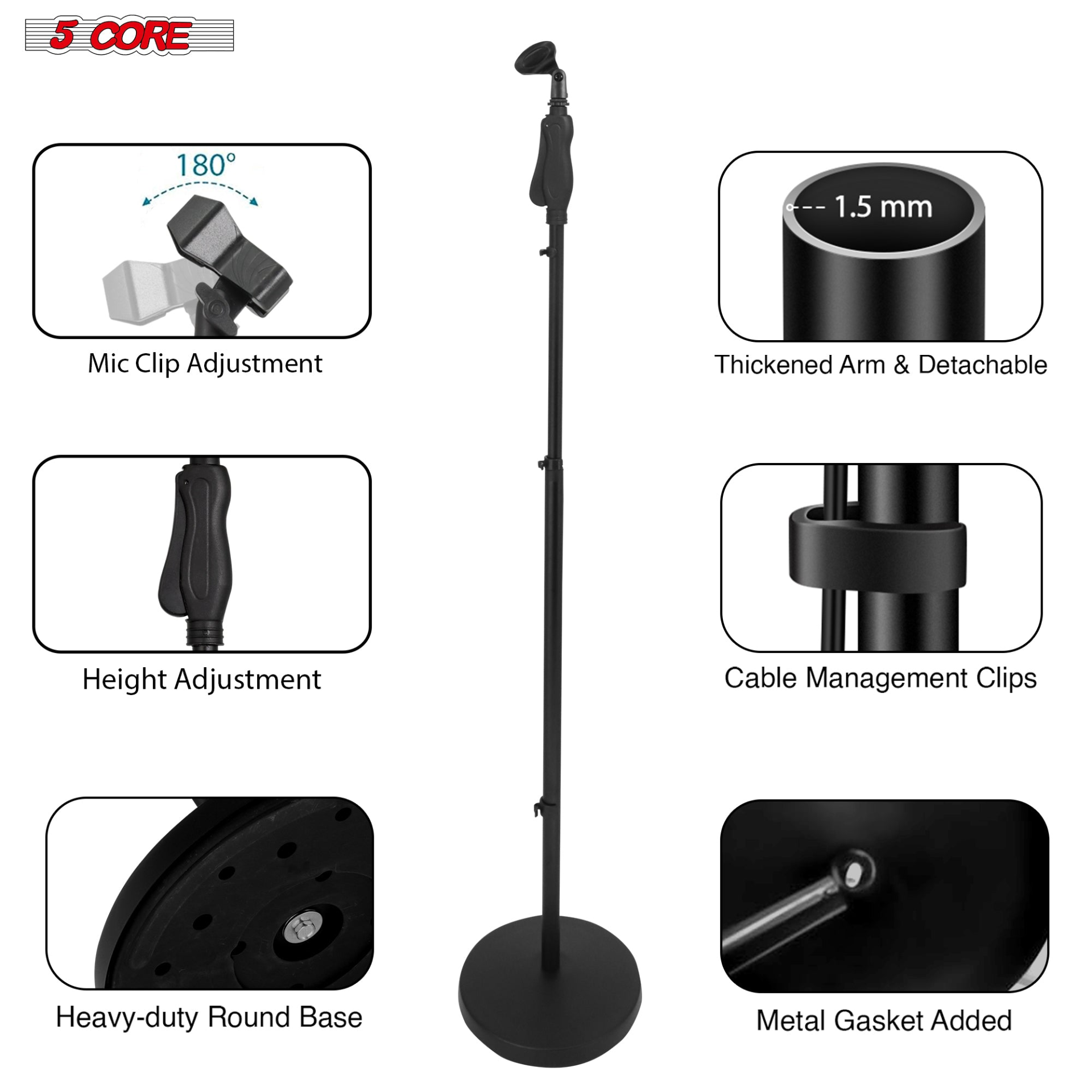 Start2Finish 5-core microphone stand with adjustable height, round base, lock-tight knob, and 5/8" thread adapter for musical instruments.