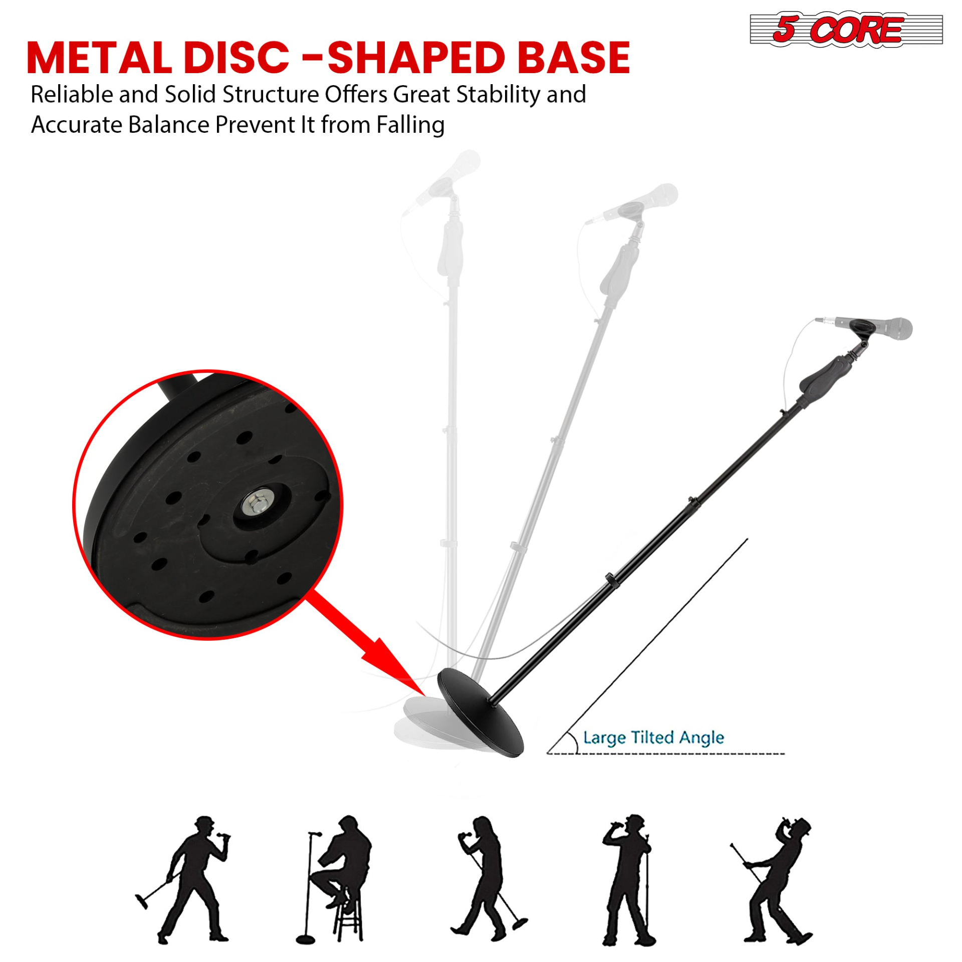 Start2Finish 5-core microphone stand with adjustable height, round base, quick lock, and 5/8 thread adapter for musical instruments.