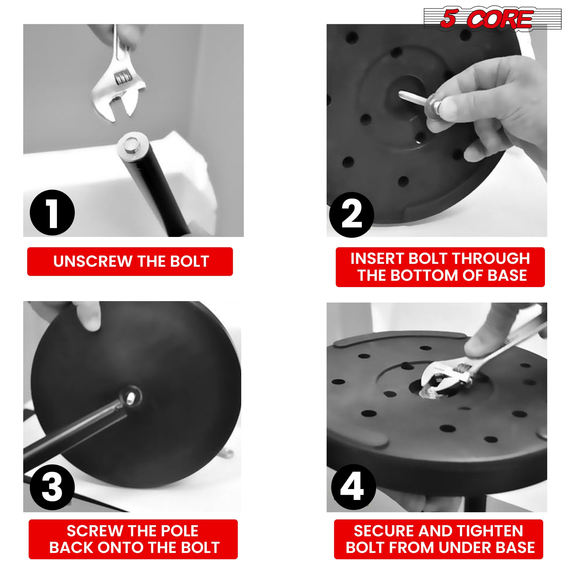 Start2Finish 5-core microphone stand with adjustable height, round base, lock-tight knob, and 5/8" thread adapter for musical instruments.