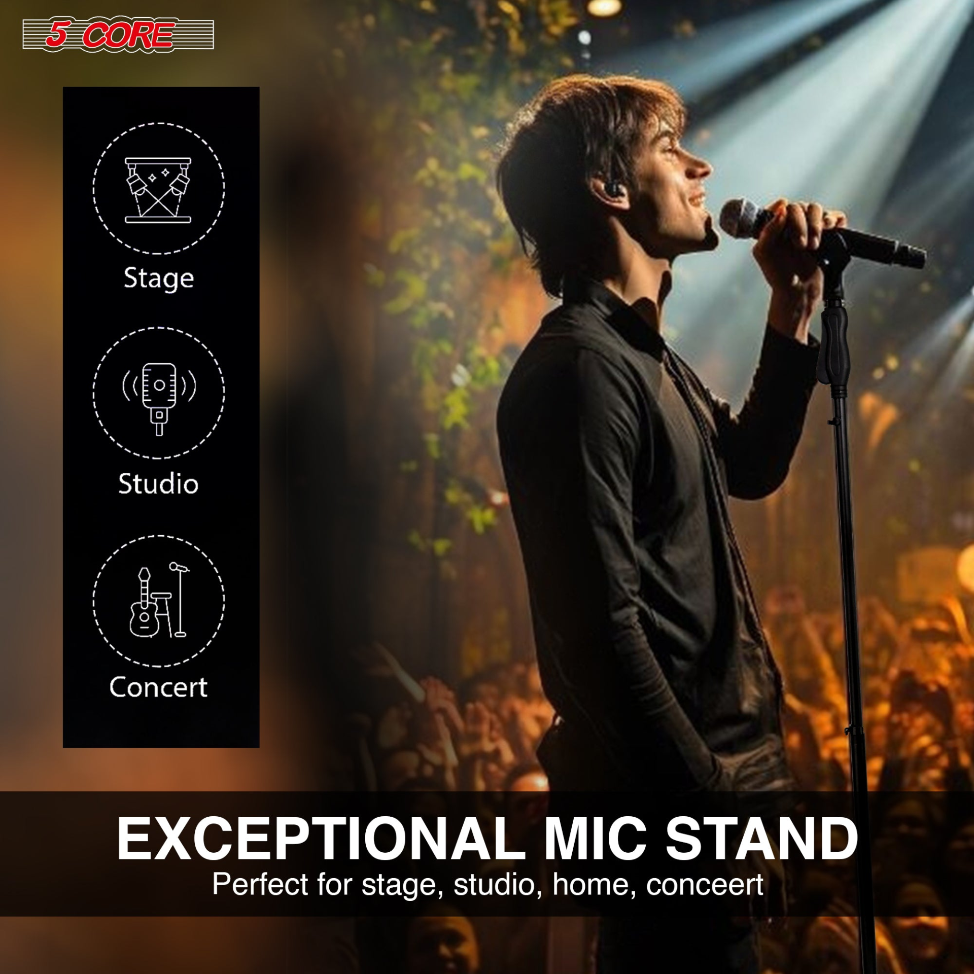 Start2Finish 5 Core microphone stand with adjustable height, round base, lock-tight knob, and 5/8" thread adapter for musical instruments.