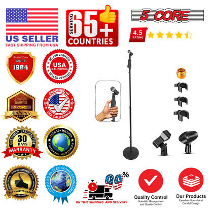 Start2Finish 5-core microphone stand with adjustable height, round base, lock-tight knob, and 5/8 thread adapter for musical instruments.