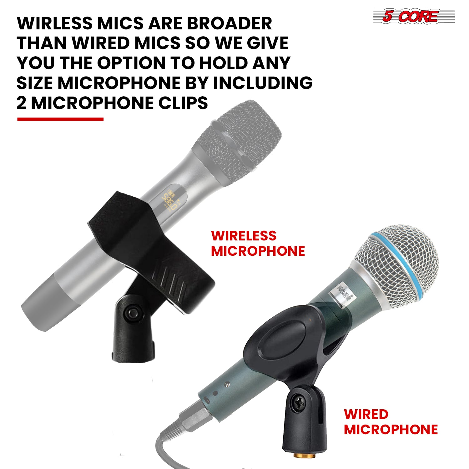 Start2Finish 5-core microphone stand with adjustable height, round base, lock-tight knob, and 5/8 thread adapter for musical instruments.