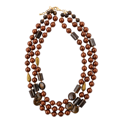 Mocha brown pearl and gold statement necklace from Start2Finish, featuring a bold jewelry design with elegant pearls and metallic accents.