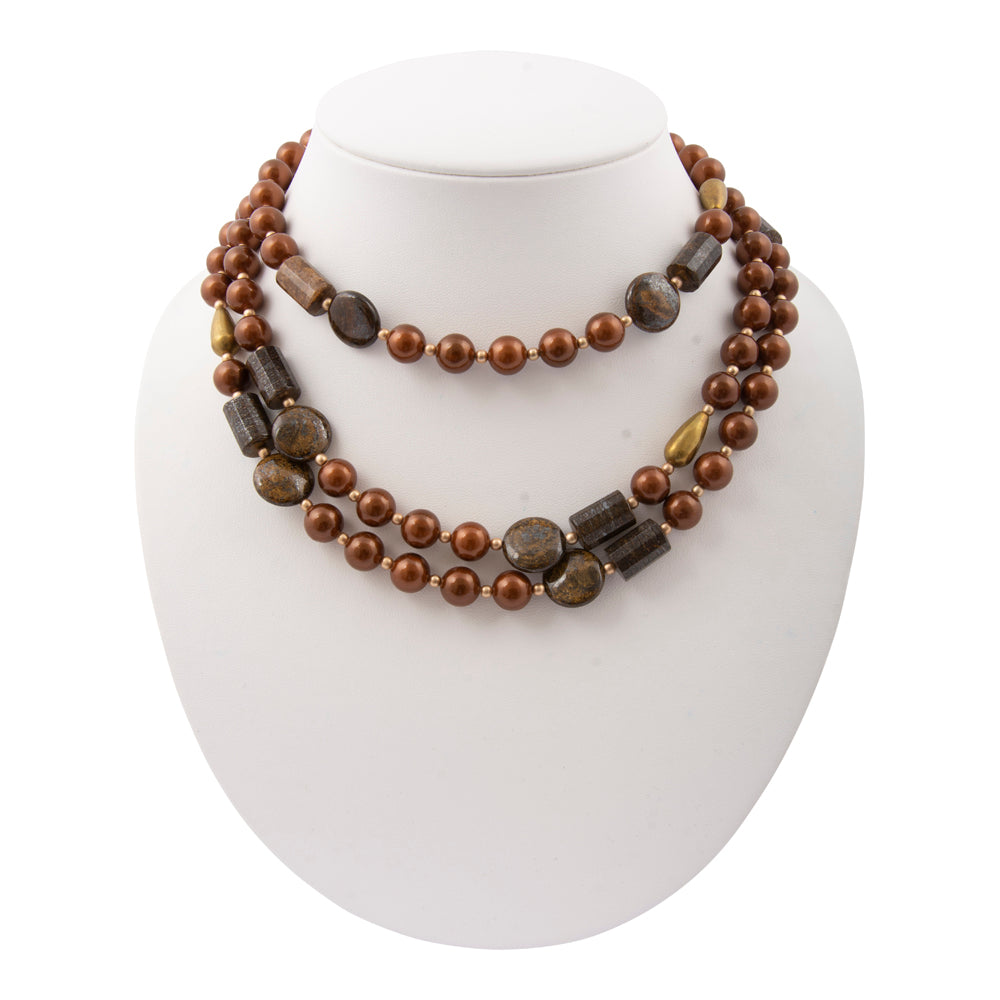 Mocha brown pearl and gold statement necklace from Start2Finish jewelry featuring elegant, bold design with mixed pearl and gold accents.