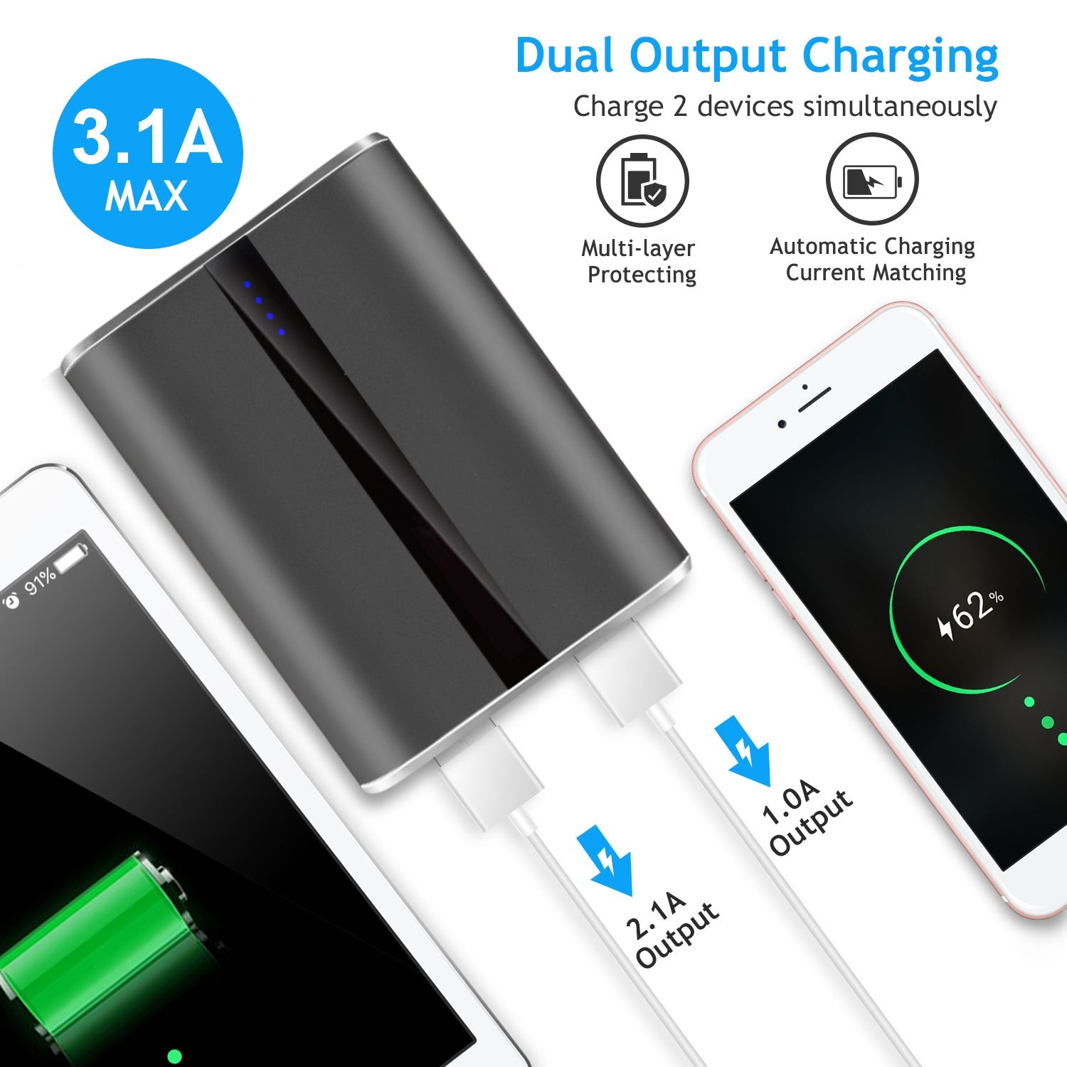 Pear Daisy 12000mAh portable charger with dual USB 3.1A output, compact power bank for mobile device charging.