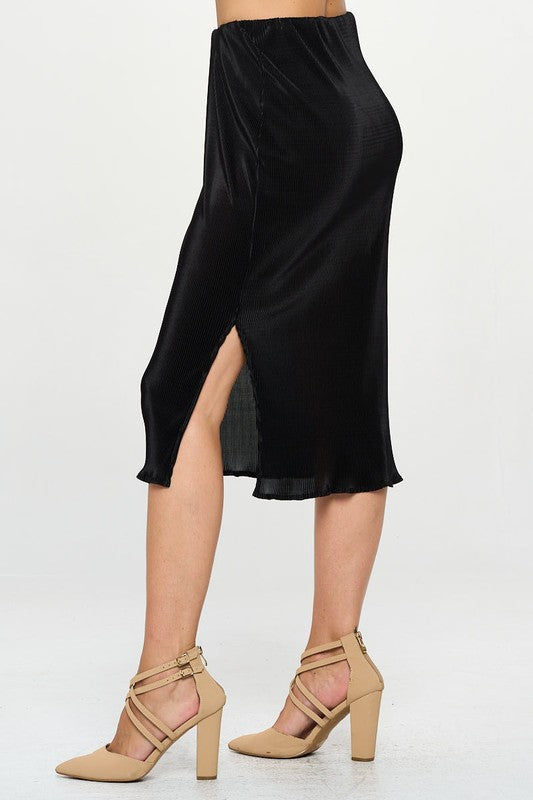 Automotive-themed Jade Icarus Plisse Midi Skirt with slit and elastic waistband, featuring pleated fabric and casual style.
