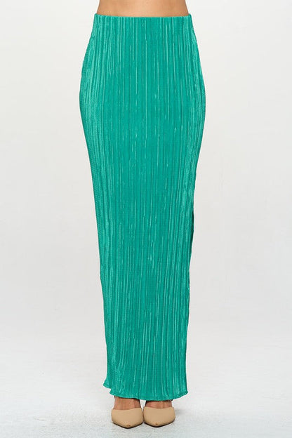 Jade Icarus automotive plisse maxi skirt with slit, featuring flowing fabric and elegant design.