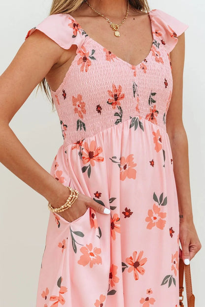 Ruffled smocked cap sleeve printed maxi dress by Ruby Styx, flowing fabric with ruffles and smocking details for women.