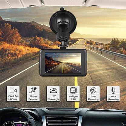 Salmon Lucky Black Box Dash Cam 1080P with G-Sensor and looping recording, mounted inside a car for vehicle security.