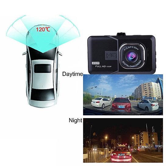 Salmon Lucky black dash cam with 1080P resolution, G-sensor, and looping recording mounted inside a car.