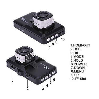 Salmon Lucky Black Box Dash Cam 1080P with G-sensor and looping recording, mounted inside a car for vehicle security and footage capture.