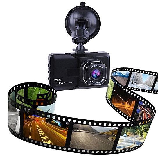 Salmon Lucky Black Box Dash Cam 1080P with G-Sensor and looping recording, mounted inside a vehicle for dashboard footage.