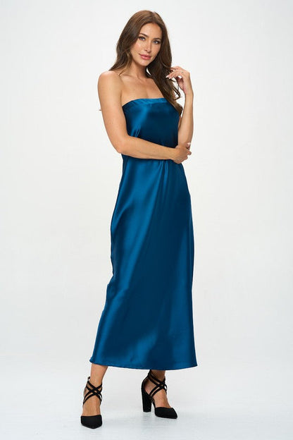 Silky satin tube draped dress for women by Jade Icarus, made in the USA, featuring a sleek, elegant design.