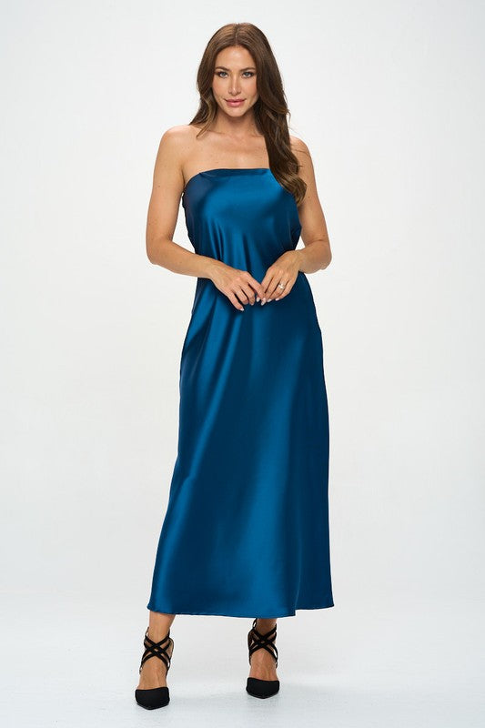 Silky satin tube draped dress for women by Jade Icarus, made in the USA, featuring a smooth, elegant fabric and stylish design.