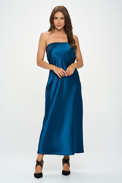 Silky satin tube draped dress for women by Jade Icarus, made in the USA, featuring a smooth, elegant fabric and stylish design.