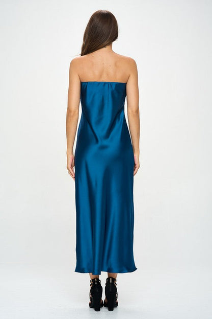 Women’s silky satin tube draped dress by Jade Icarus, made in USA, featuring elegant draping and smooth fabric.