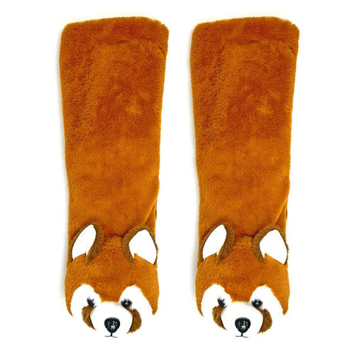 Red Panda plush animal slipper socks for kids by Jade Icarus, featuring a cute red panda design and cozy fabric.