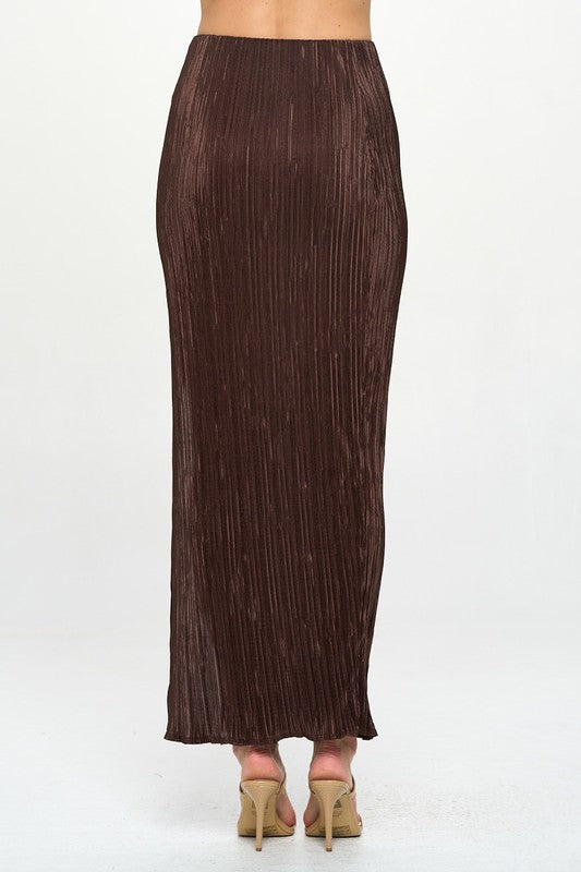 Made in USA Jade Icarus plisse maxi skirt with slit, featuring flowing fabric and elegant design.