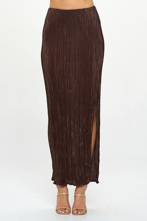 Made in USA Jade Icarus plisse maxi skirt with slit, showcasing lightweight fabric and stylish design.