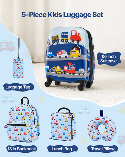 Start2Finish VEVOR kids luggage set with 18-inch hardside suitcase, backpack, U-shape pillow, perfect for travel and holidays.
