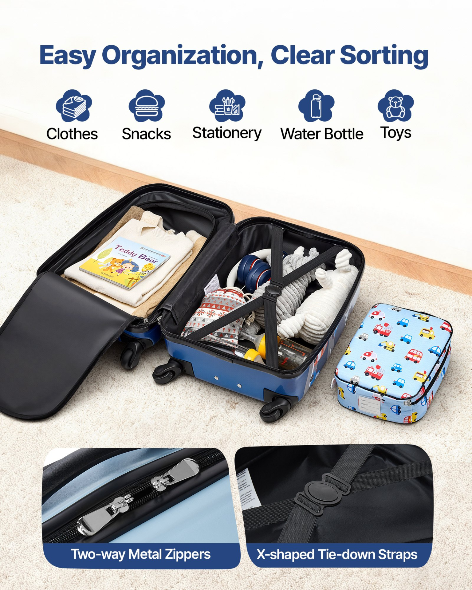 Start2Finish VEVOR kids luggage set with 18-inch hardside suitcase, backpack, U-shape pillow, perfect for children’s travel and holidays.