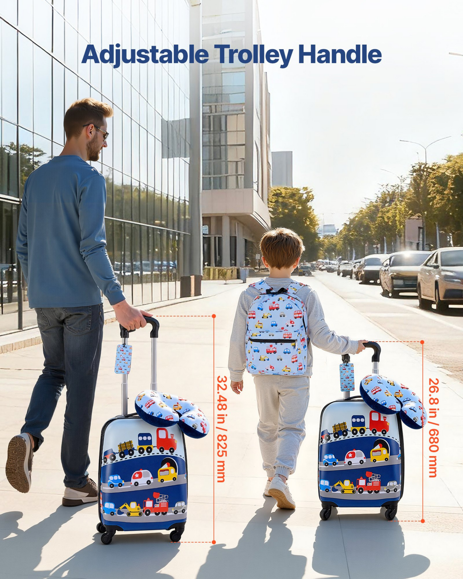 Start2Finish VEVOR kids luggage set with 18-inch hardside suitcase, backpack, U-shape pillow, suitable for children and travel.