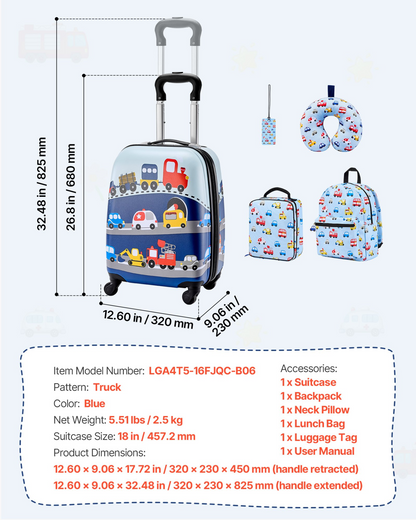 Start2Finish VEVOR kids luggage set with 18-inch hardside suitcase, backpack, and U-shape pillow, suitable for travel and holidays.