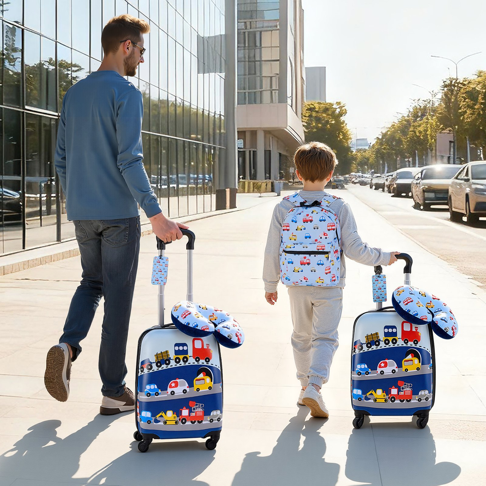Start2Finish VEVOR Kids luggage set with 18-inch hardside suitcase, backpack, U-shape pillow, suitable for children’s travel.
