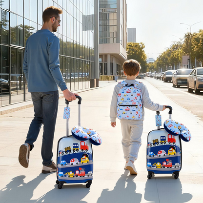 Start2Finish VEVOR Kids luggage set with 18-inch hardside suitcase, backpack, U-shape pillow, suitable for children’s travel.
