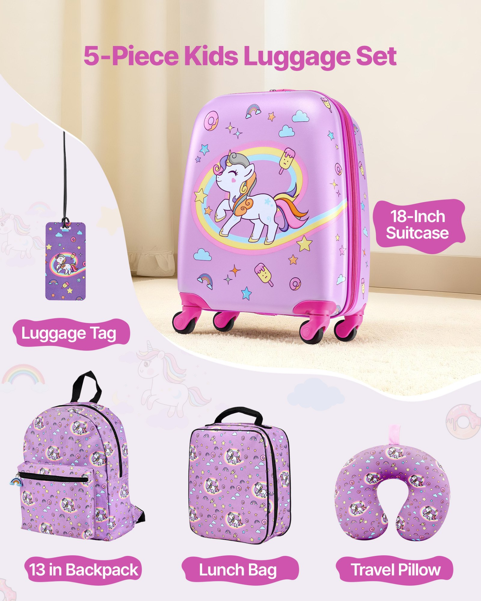 Start2Finish unicorn kids luggage set with 18-inch hardside suitcase, backpack, U-shape pillow, rolling wheels, airline approved for children.