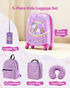 Start2Finish unicorn kids luggage set with 18-inch hardside suitcase, backpack, U-shape pillow, rolling wheels, airline approved for children.