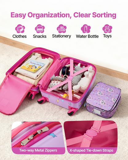 Start2Finish VEVOR kids luggage set with 18-inch unicorn hardside suitcase, backpack, U-shape pillow, perfect for travel and holidays.
