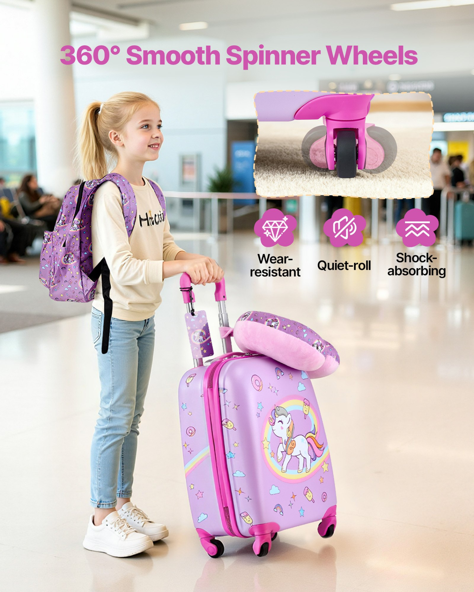 Start2Finish VEVOR kids luggage set with 18-inch unicorn hardside suitcase, rolling wheels, backpack, and U-shape pillow for children.