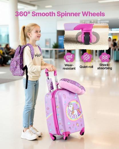 Start2Finish VEVOR kids luggage set with 18-inch unicorn hardside suitcase, rolling wheels, backpack, and U-shape pillow for children.