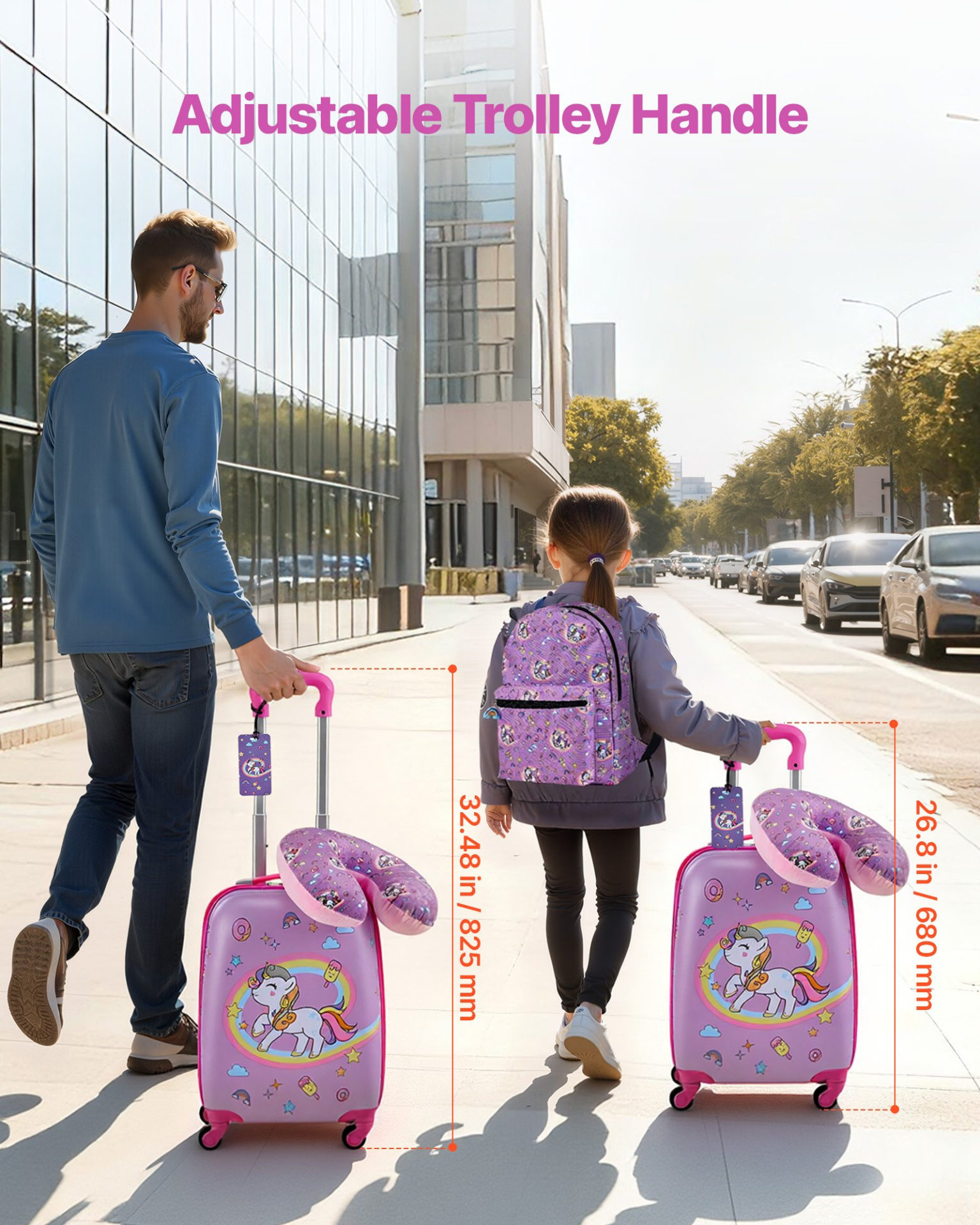 Start2Finish unicorn kids luggage set with 18-inch hardside suitcase, backpack, U-shape pillow, perfect for travel and holidays.